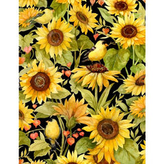 Sunflower Splendor Sunflowers & Bird All Over Black 83327-957