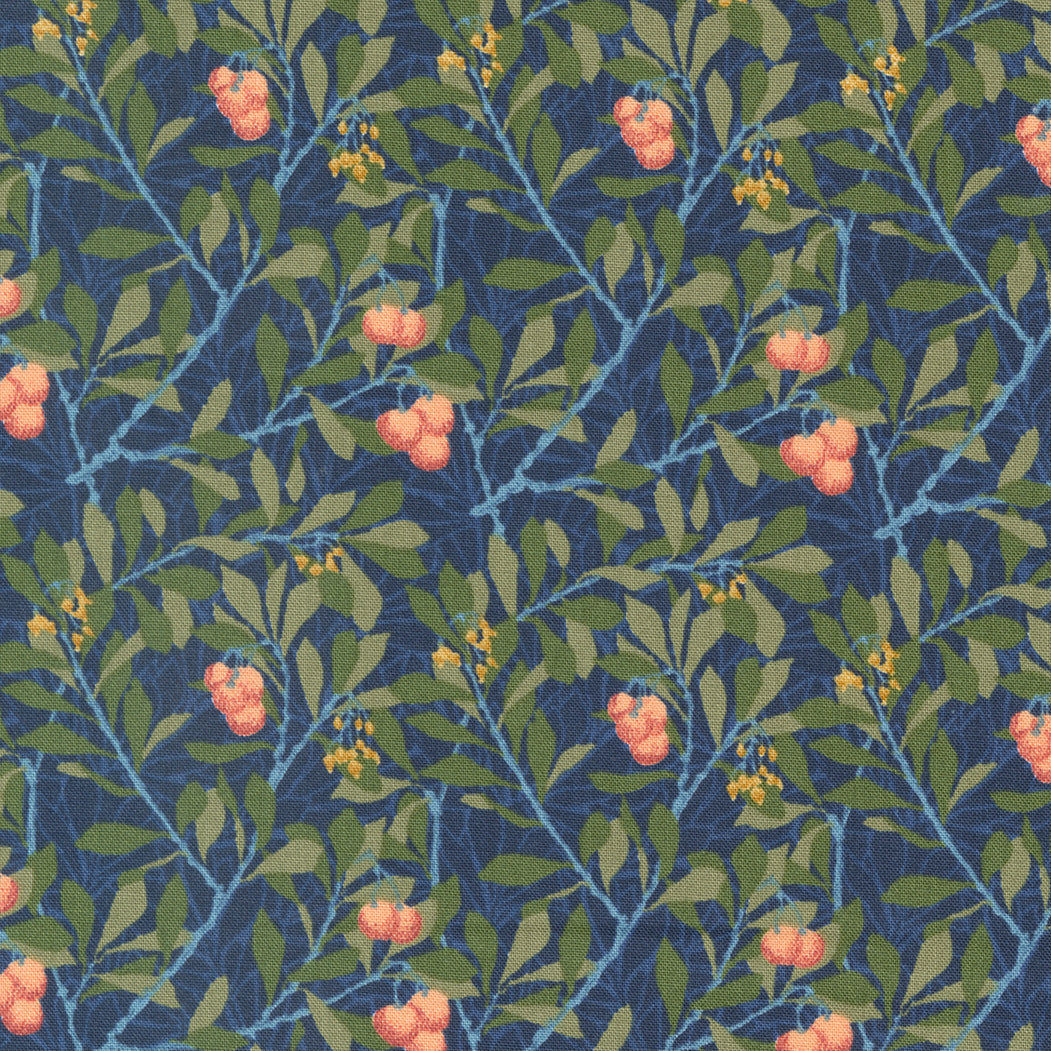 Morris Meadow Kelmscott Blue Bramble Small Floral Leaf Fabric by