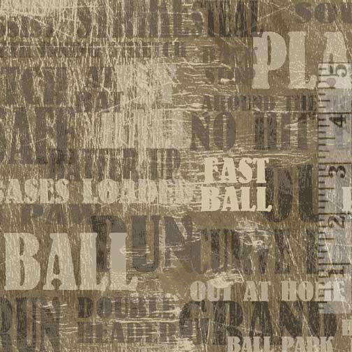 Brown fabric print with baseball words