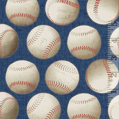 fabric print of baseballs on blue