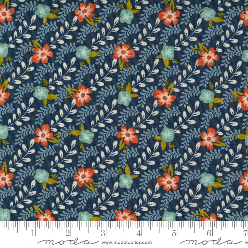 a diagonal floral print fabric on dark blue