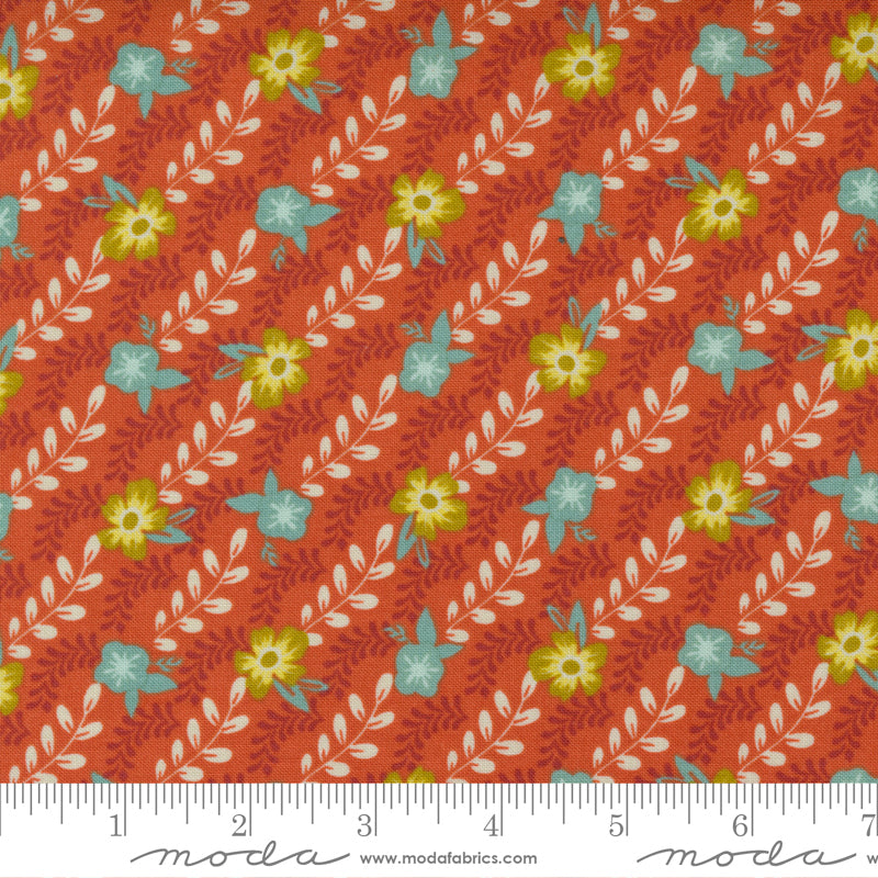 A diagonal floral print on red