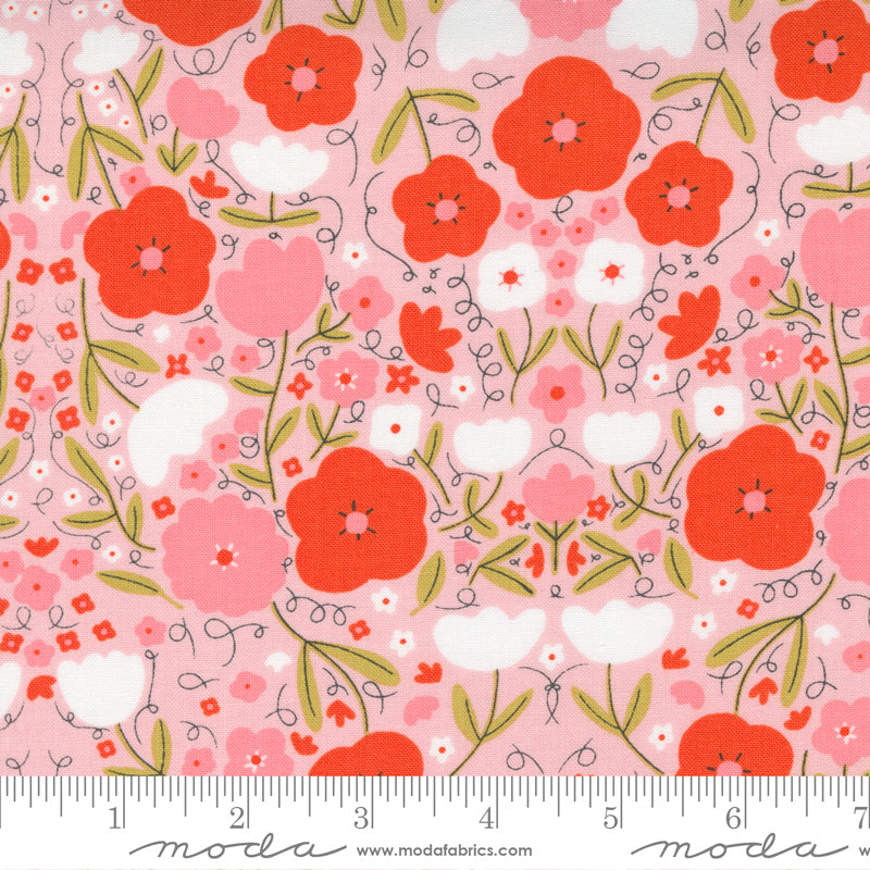 A pansy print in red on pink