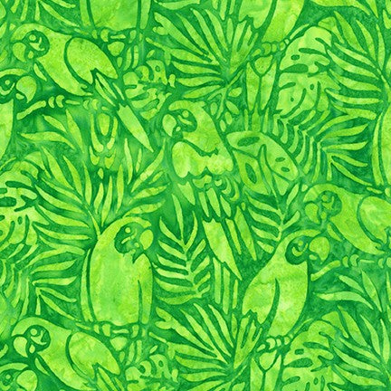 Welcome to Paradise Parrots Lime Batik Quilt Fabric AMD-20314-50
